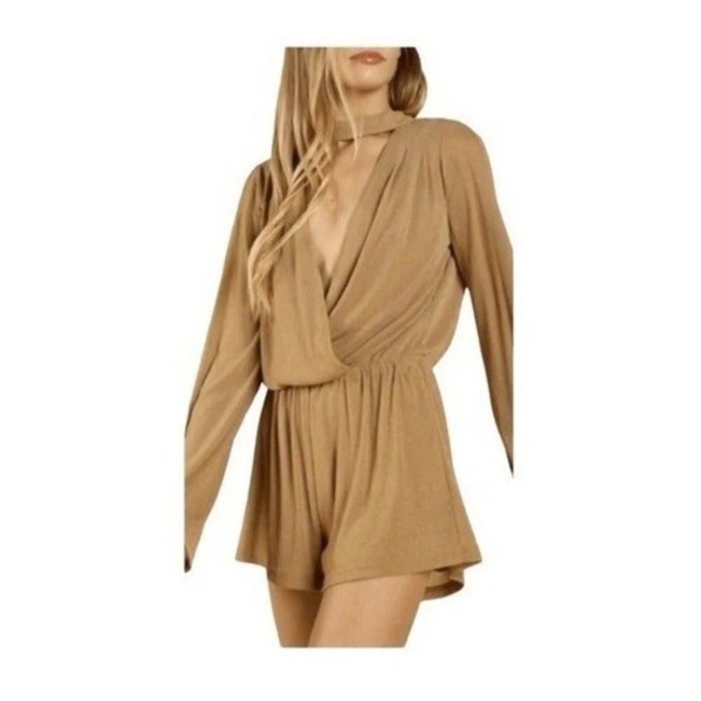 Honey Belle‎ Metallic Romper Gold Knit Choker Keyhole Long Sleeve Wrap S
